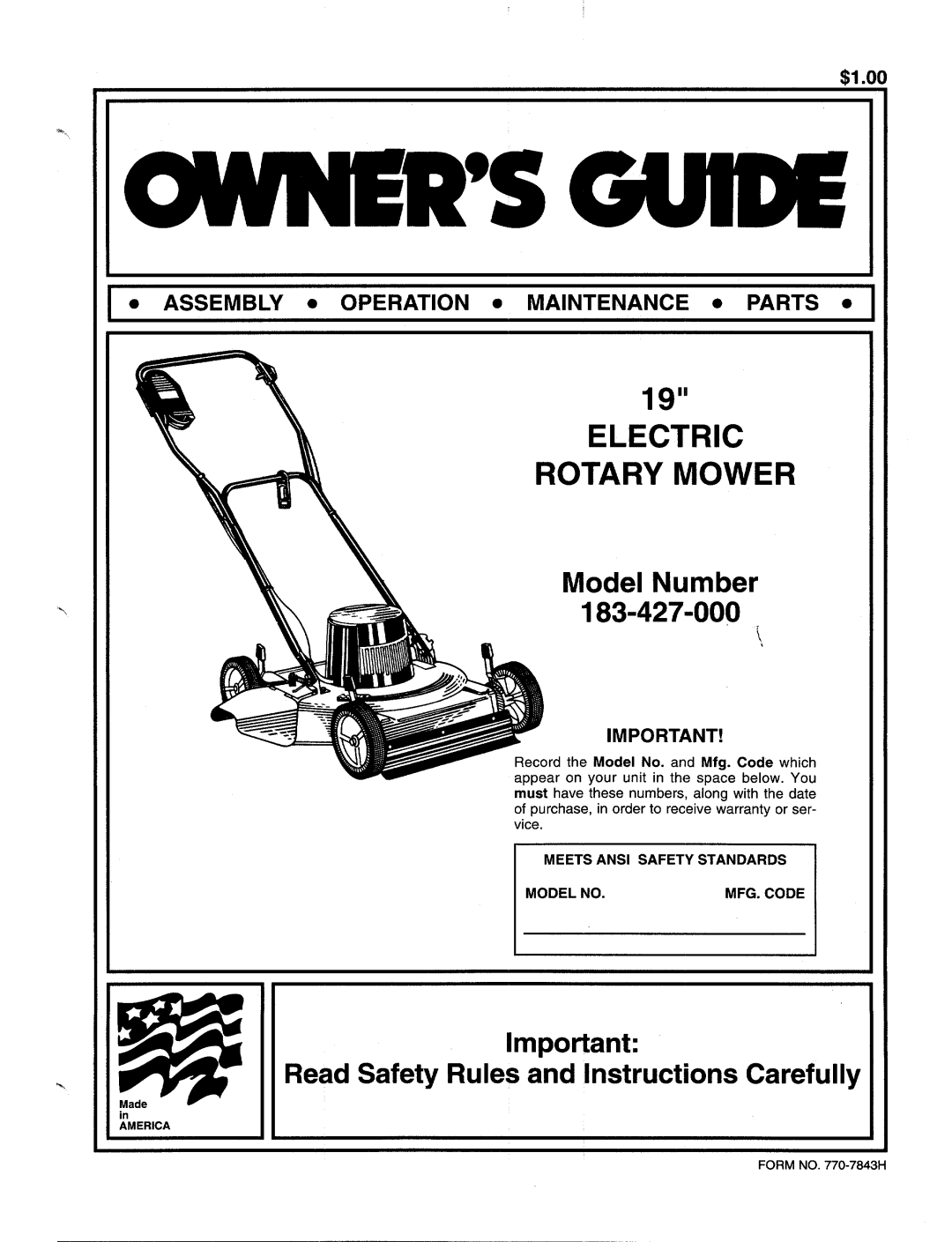 Bolens 183-427-000 manual 