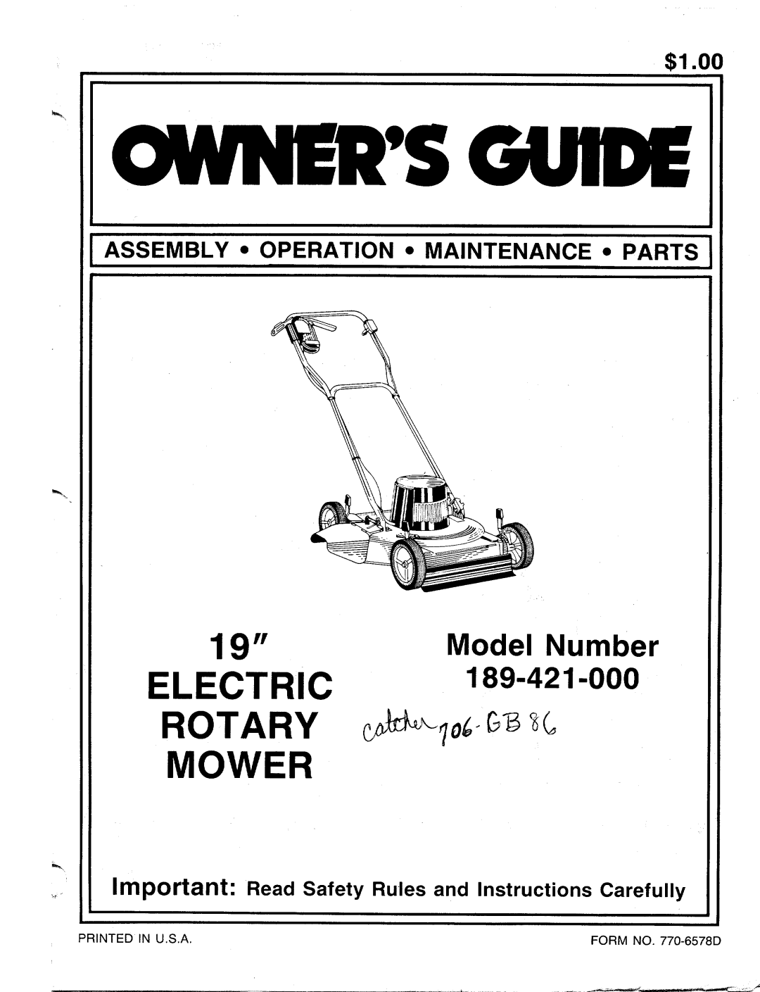 Bolens 189-421-000 manual 