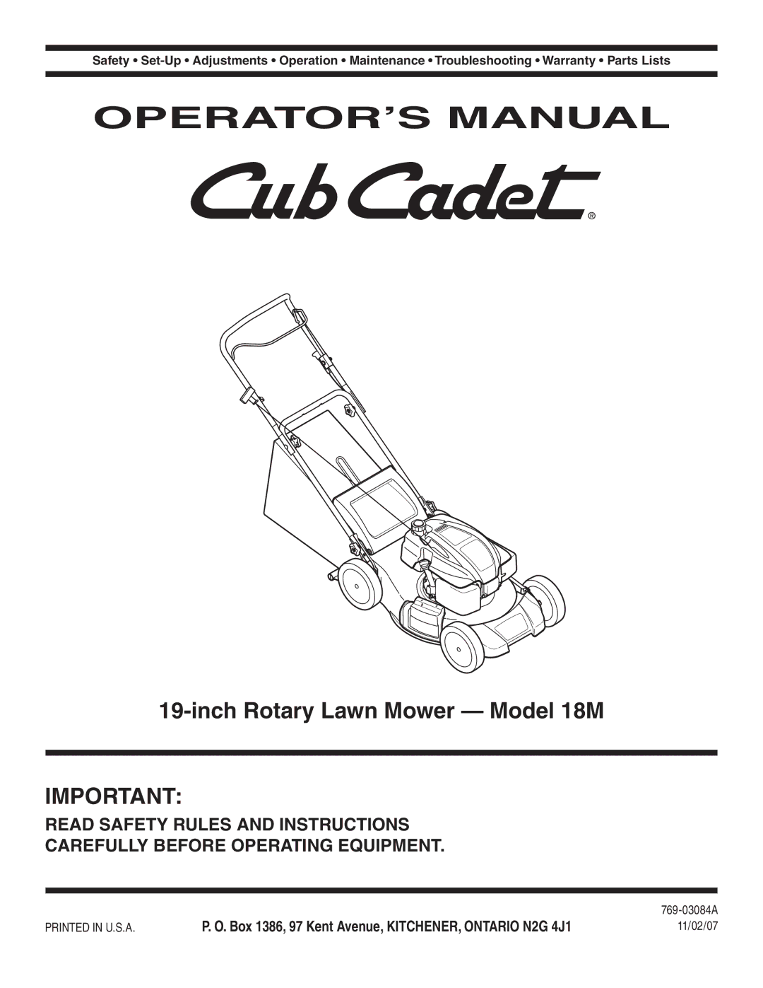 Bolens warranty Inch Rotary Lawn Mower Model 18M, 769-03084A, 11/02/07 