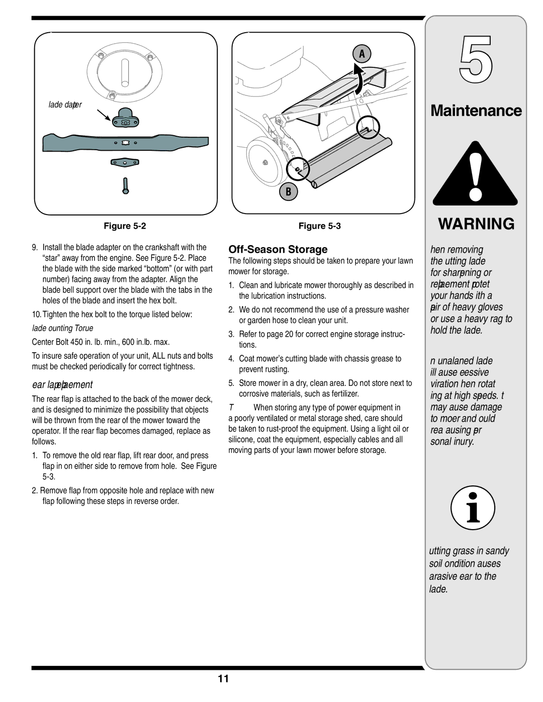 Bolens 18M warranty Rear Flap Replacement, Off-Season Storage, Blade Adapter, Blade Mounting Torque 