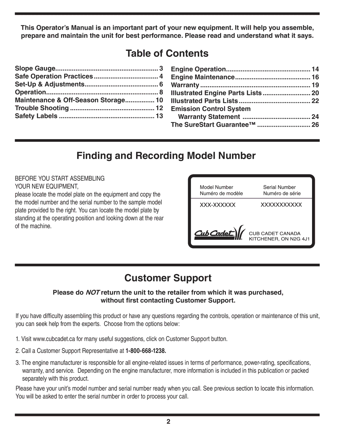 Bolens 18M warranty Table of Contents, Finding and Recording Model Number, Customer Support 