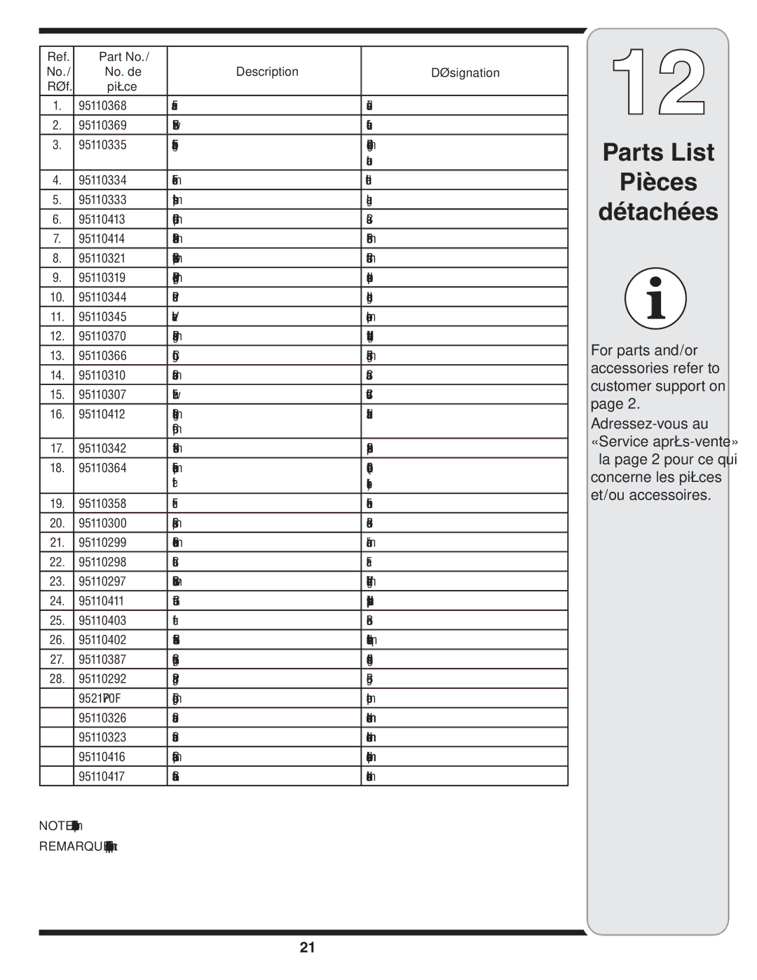 Bolens 18M warranty Parts List Pièces Détachées, For parts and/or accessories refer to customer support on 