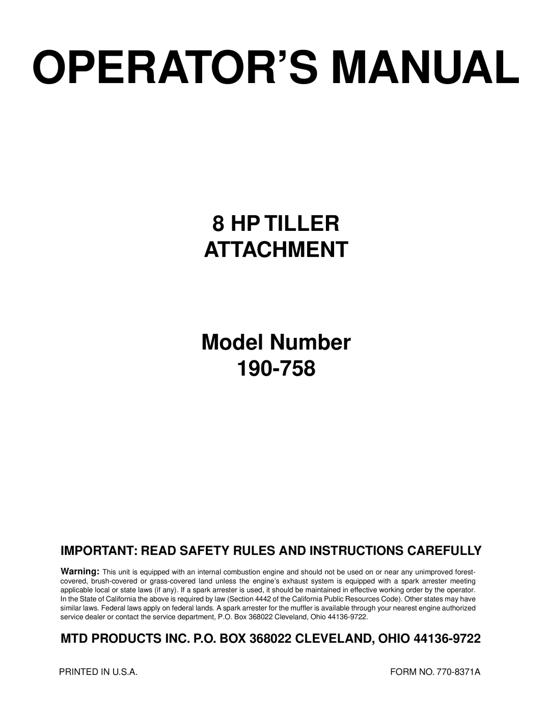 Bolens 190-758 manual OPERATOR’S Manual 