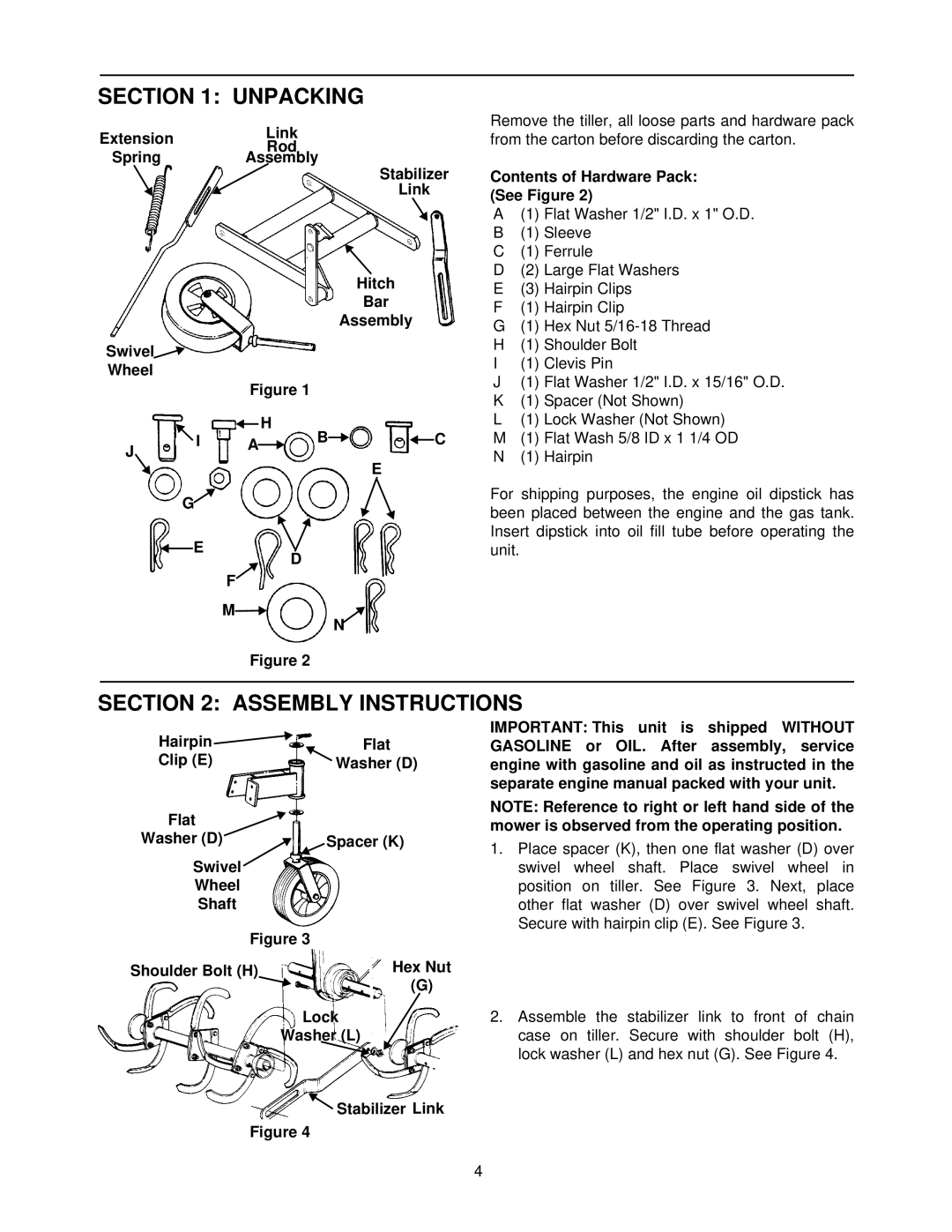 Bolens 190-758 manual Unpacking, Assembly Instructions, Extension Link Rod Spring Assembly Stabilizer Hitch Bar 