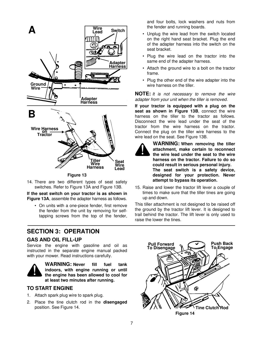 Bolens 190-758 manual Operation, GAS and OIL FILL-UP, To Start Engine, Push Back, To Disengage To Engage Tine Clutch Rod 