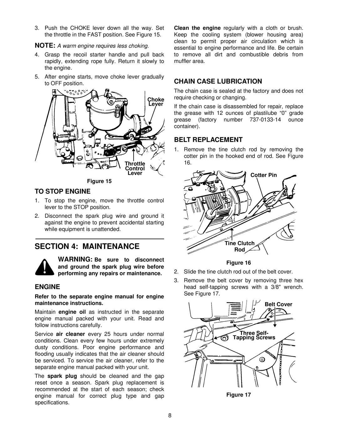 Bolens 190-758 manual Maintenance, To Stop Engine, Chain Case Lubrication, Belt Replacement 