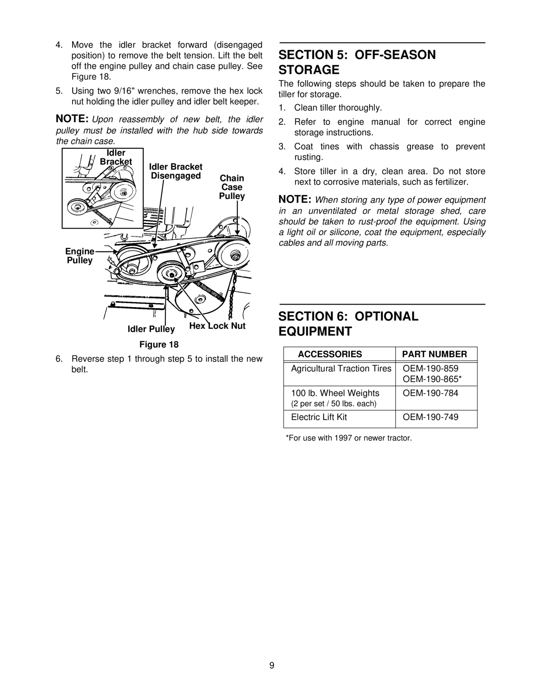 Bolens 190-758 manual OFF-SEASON Storage, Optional Equipment, Idler Bracket Engine Pulley Disengaged Chain Case 