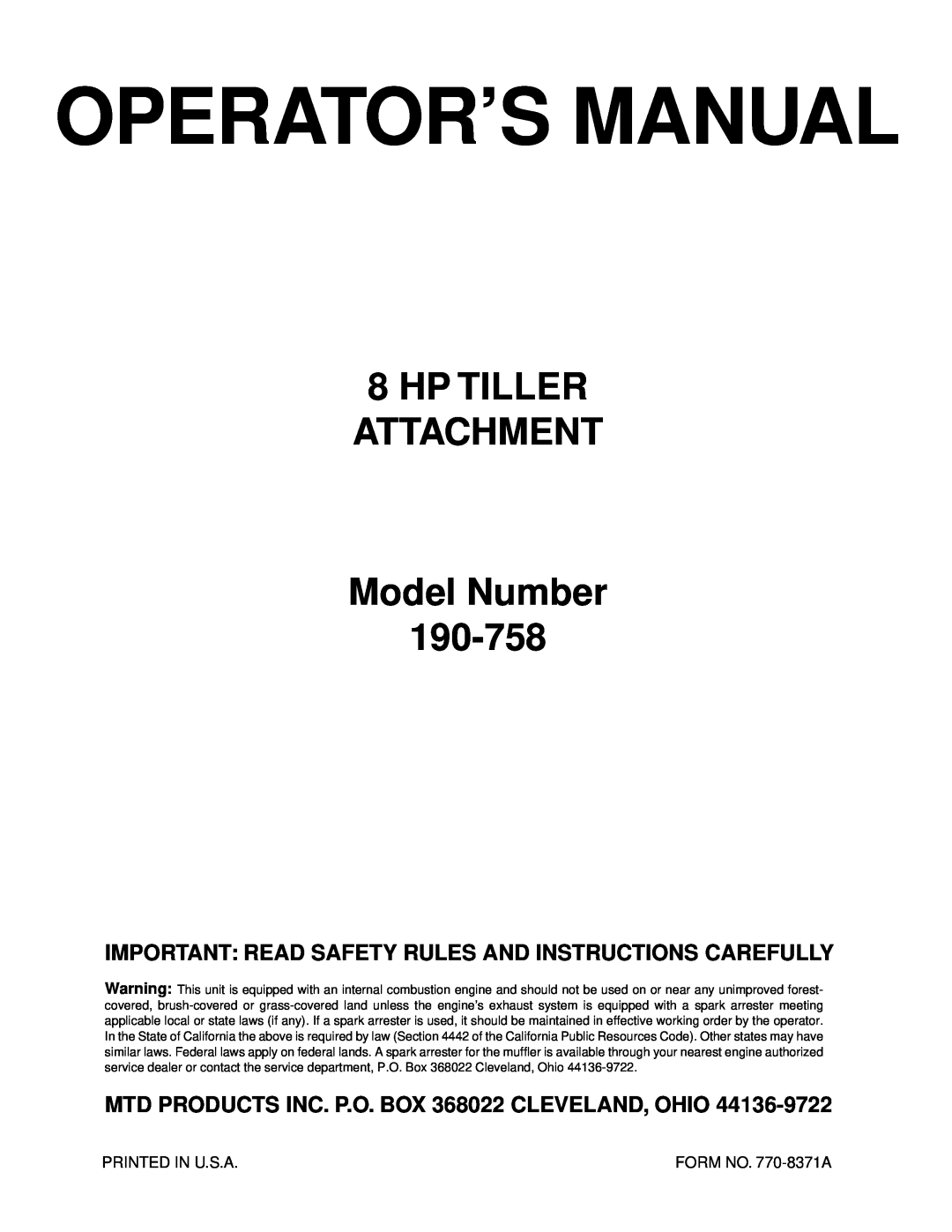 Bolens manual Model Number 190-758, Important Read Safety Rules And Instructions Carefully, Operator’S Manual 