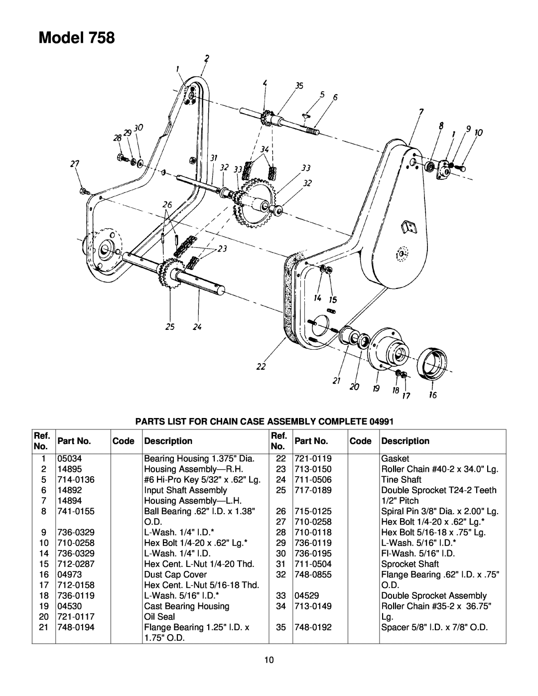 Bolens 190-758 manual Model, Parts List For Chain Case Assembly Complete, Code, Description 