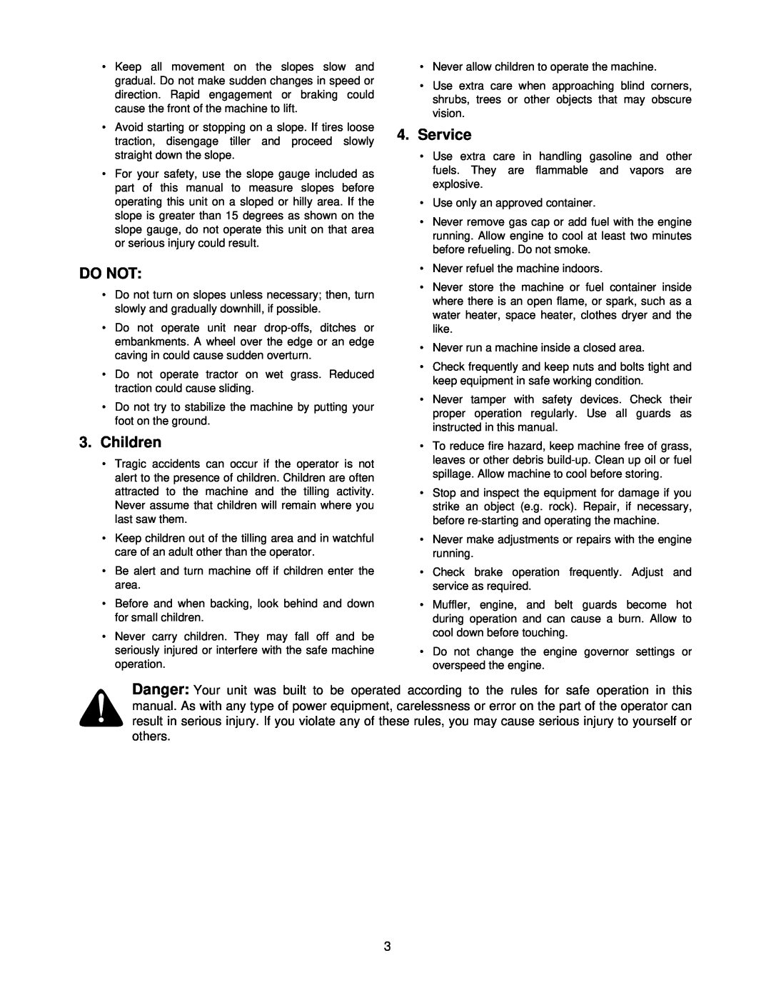 Bolens 190-758 manual Do Not, Children, Service 