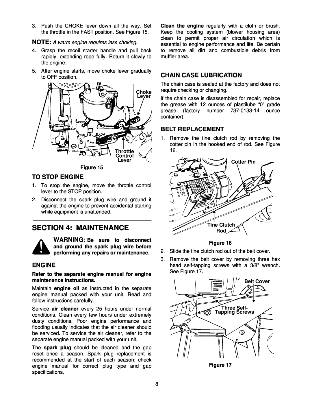 Bolens 190-758 manual Maintenance, To Stop Engine, Chain Case Lubrication, Belt Replacement 