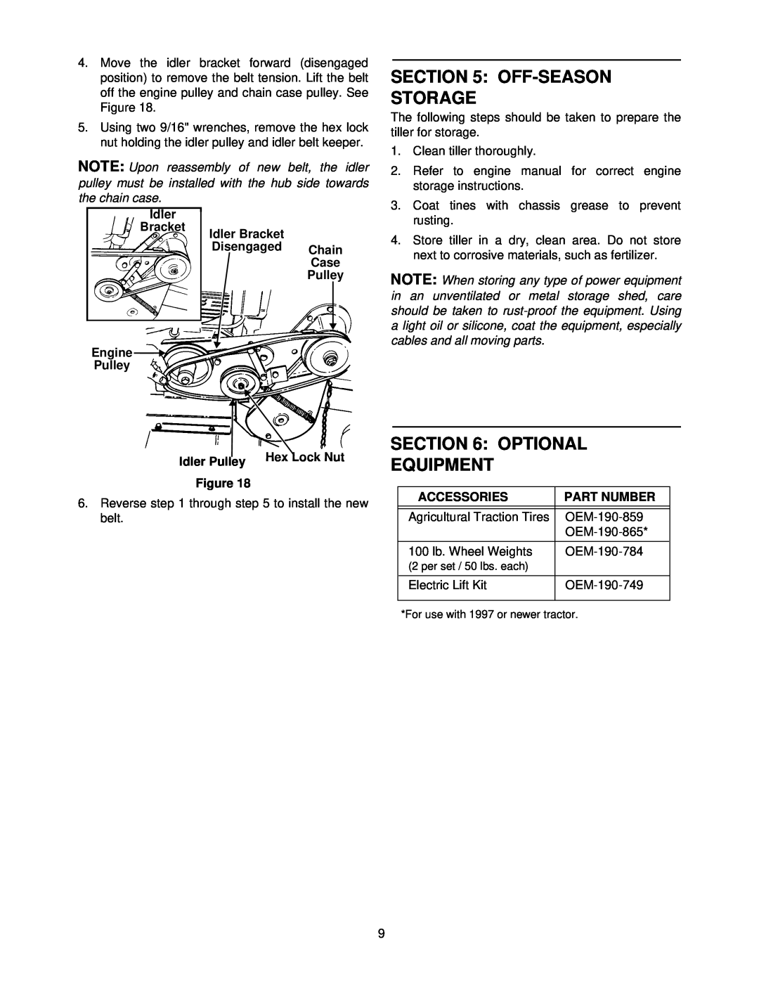 Bolens 190-758 manual Off-Season Storage, Optional Equipment, Idler Bracket Engine Pulley, Idler Pulley, Hex Lock Nut 