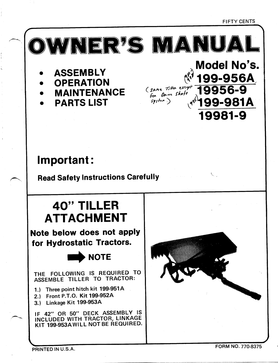 Bolens 199-956A, 19956-9, 19981-9, 199-981A manual 