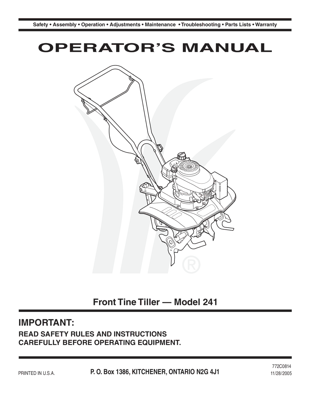 Bolens 241 warranty Front Tine Tiller Model, 772C0814 11/28/2005 