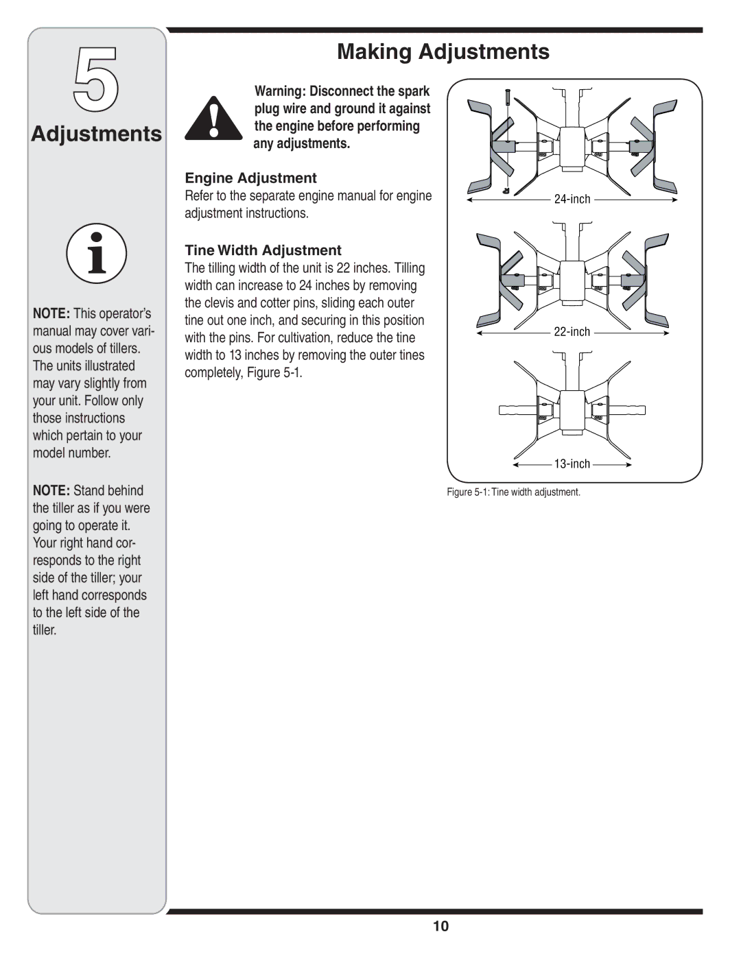 Bolens 241 warranty Making Adjustments, Engine Adjustment, Tine Width Adjustment 