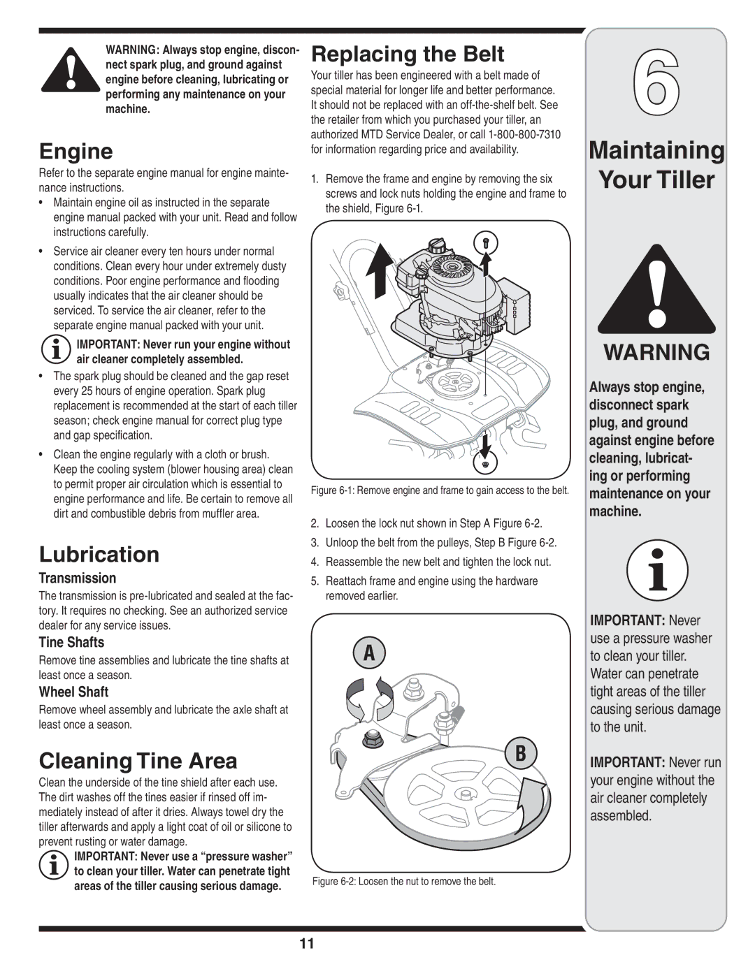 Bolens 241 warranty Maintaining Your Tiller, Engine, Lubrication, Cleaning Tine Area, Replacing the Belt 