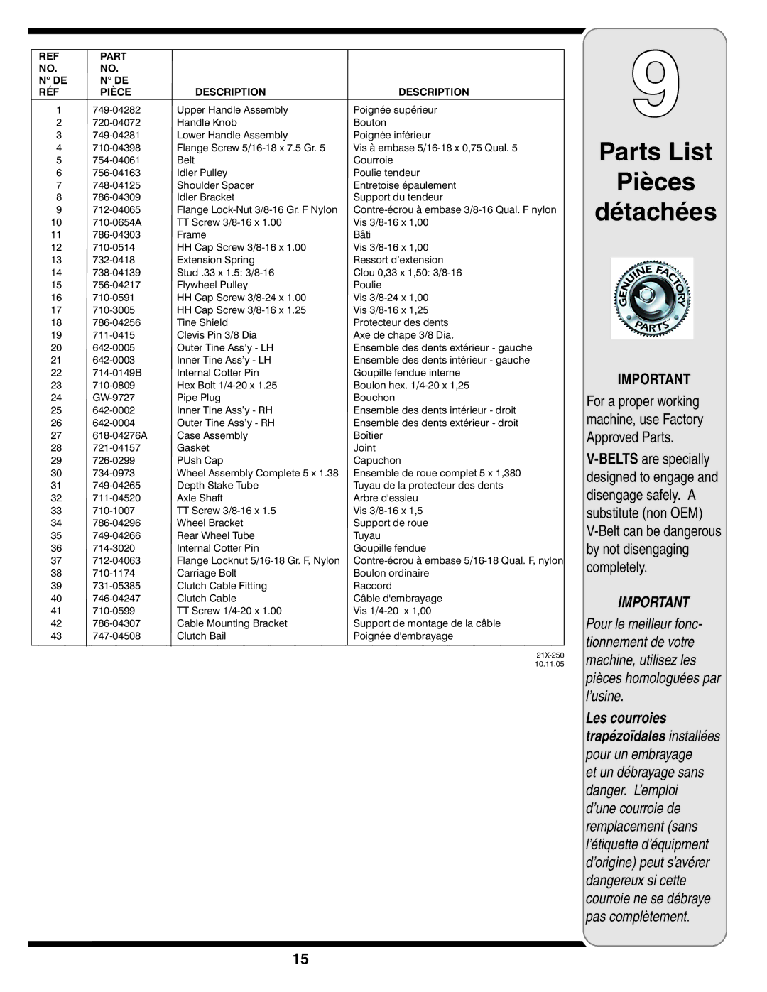 Bolens 241 warranty Parts List Pièces Détachées, Part Description RÉF Pièce 