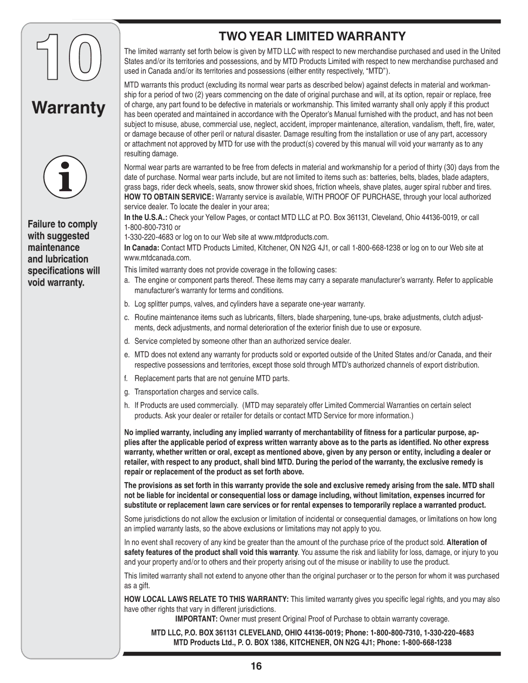 Bolens 241 warranty TWO Year Limited Warranty 