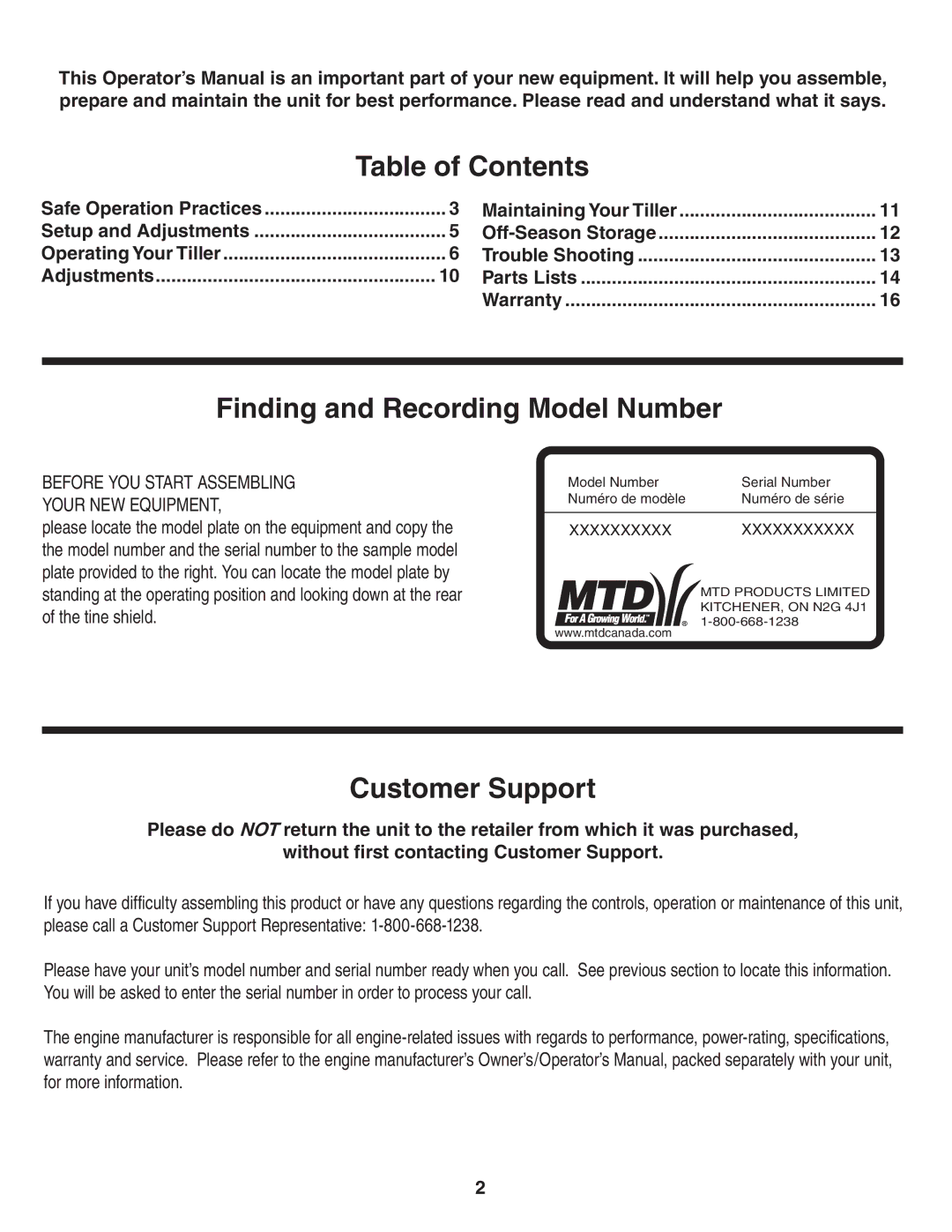 Bolens 241 warranty Table of Contents, Finding and Recording Model Number, Customer Support 