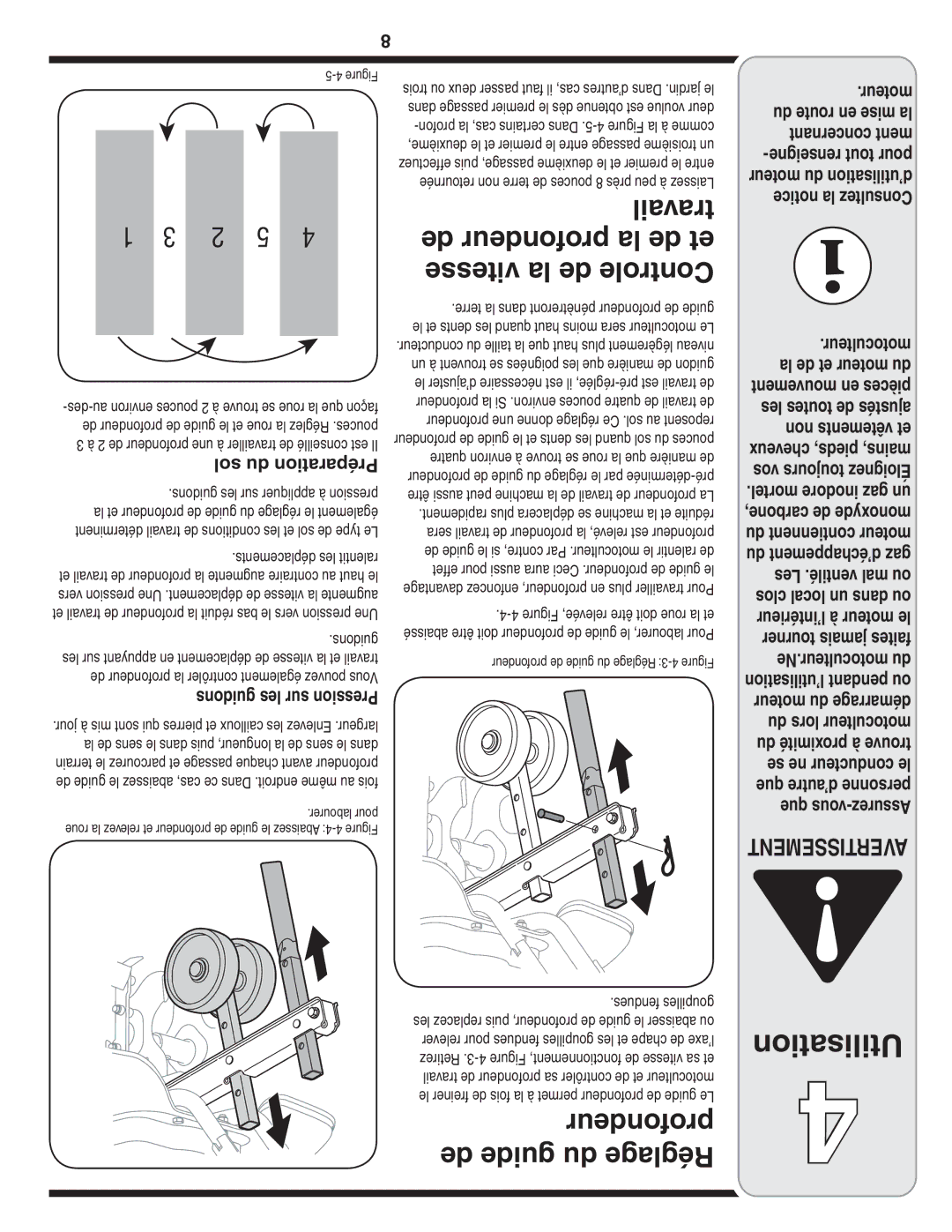 Bolens 241 warranty Profondeur de guide du Réglage, Travail de profondeur la de et vitesse la de Controle 