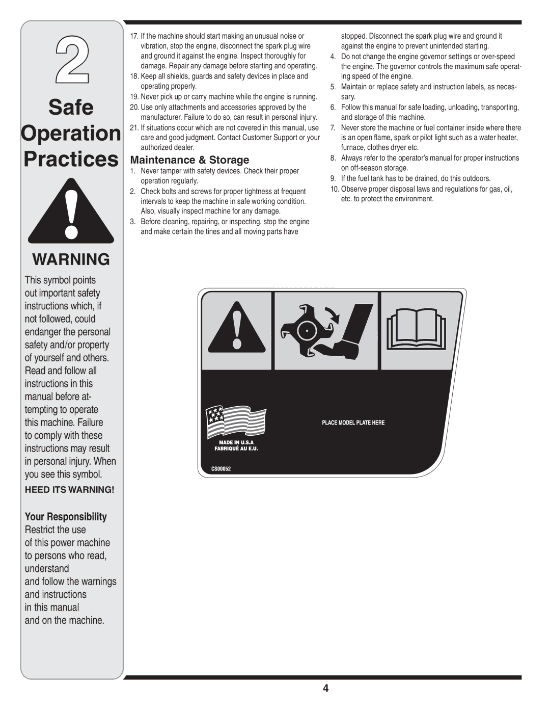 Bolens 241 warranty This manual On the machine, Maintenance & Storage 