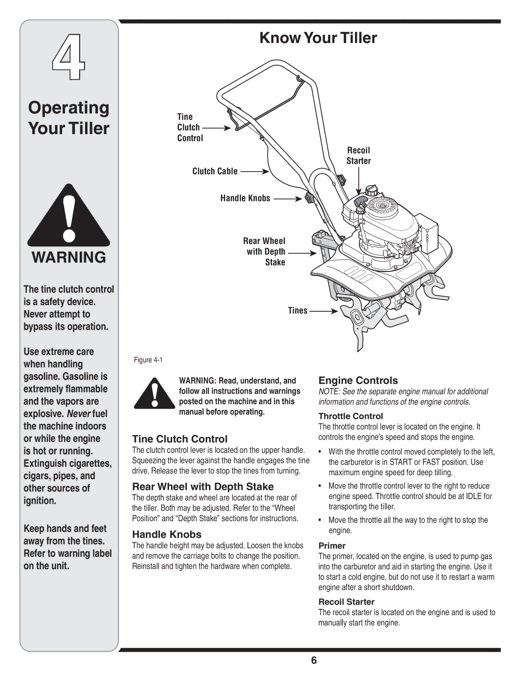 Bolens 241 warranty Know Your Tiller, Tine Clutch Control, Rear Wheel with Depth Stake, Handle Knobs, Engine Controls 