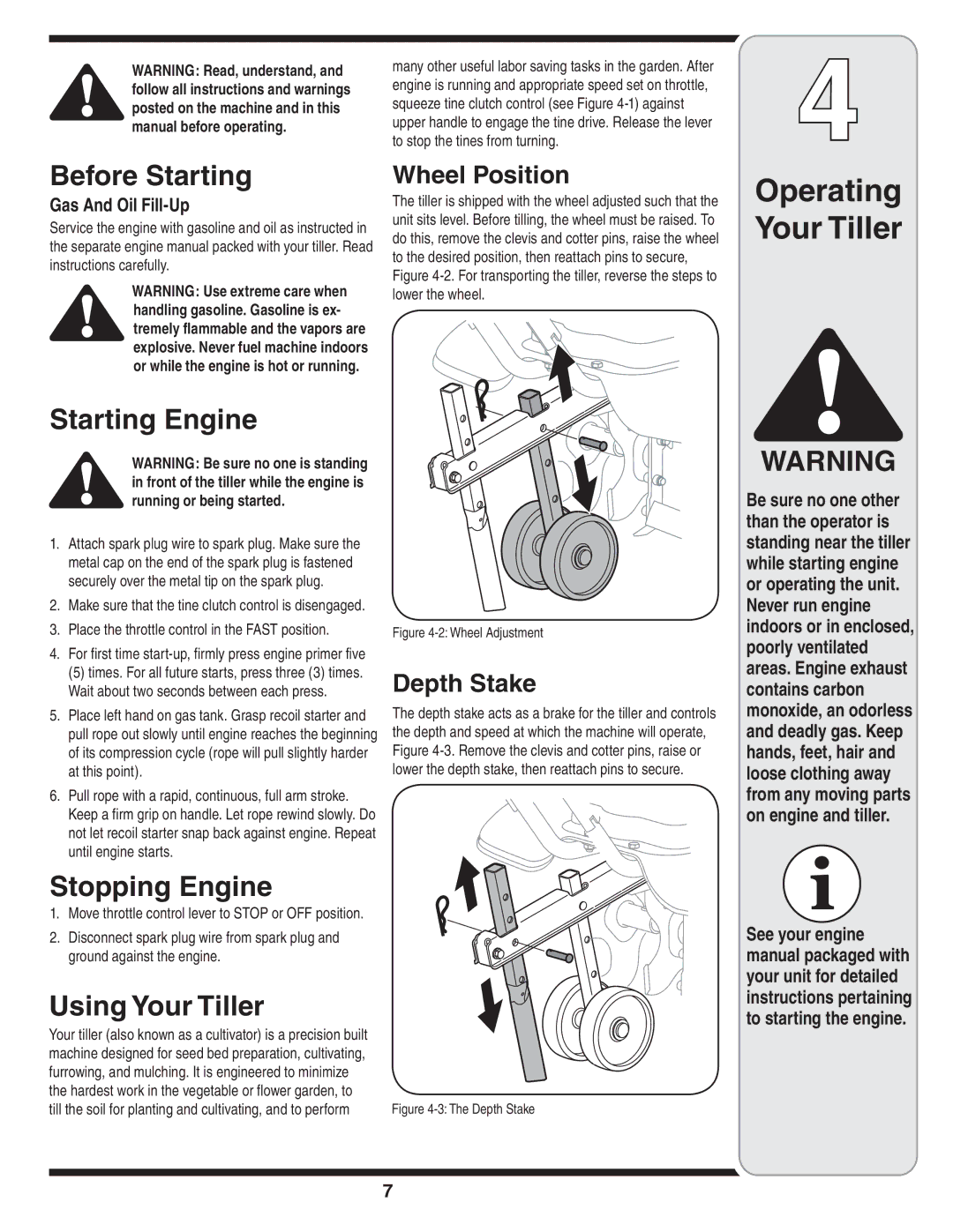 Bolens 241 warranty Before Starting, Starting Engine, Stopping Engine, Using Your Tiller, Gas And Oil Fill-Up 