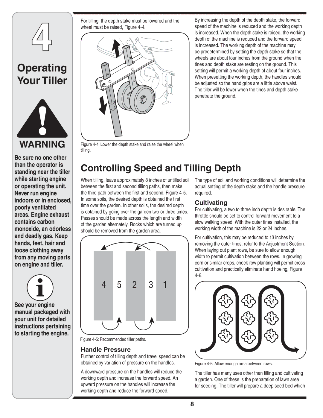 Bolens 241 warranty Controlling Speed and Tilling Depth, Cultivating, Handle Pressure 