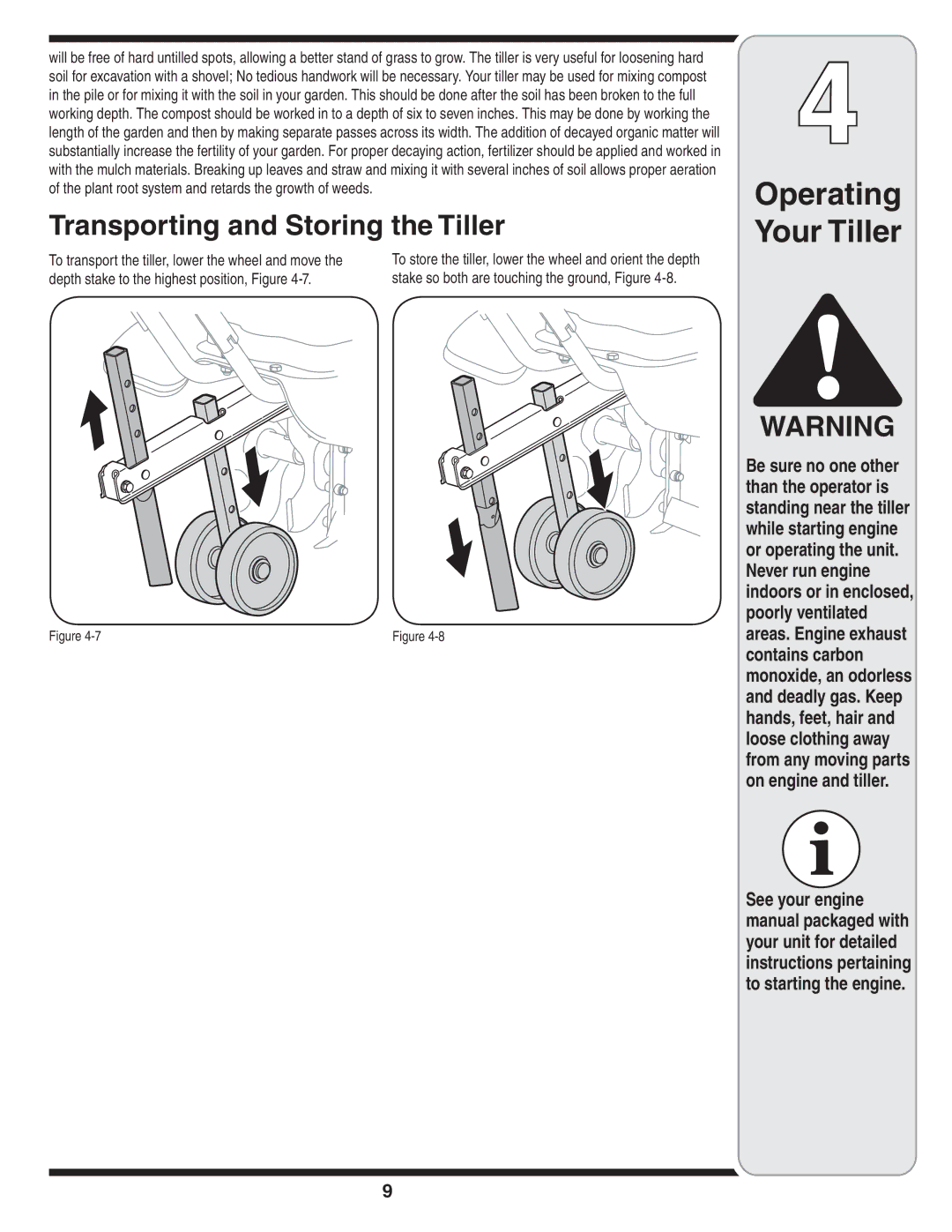 Bolens 241 warranty Transporting and Storing the Tiller, Depth stake to the highest position, Figure 