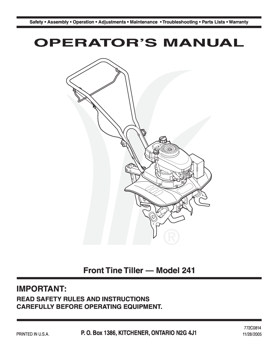 Bolens 241 warranty Operator’S Manual, Front Tine Tiller - Model, P. O. Box 1386, KITCHENER, ONTARIO N2G 4J1 