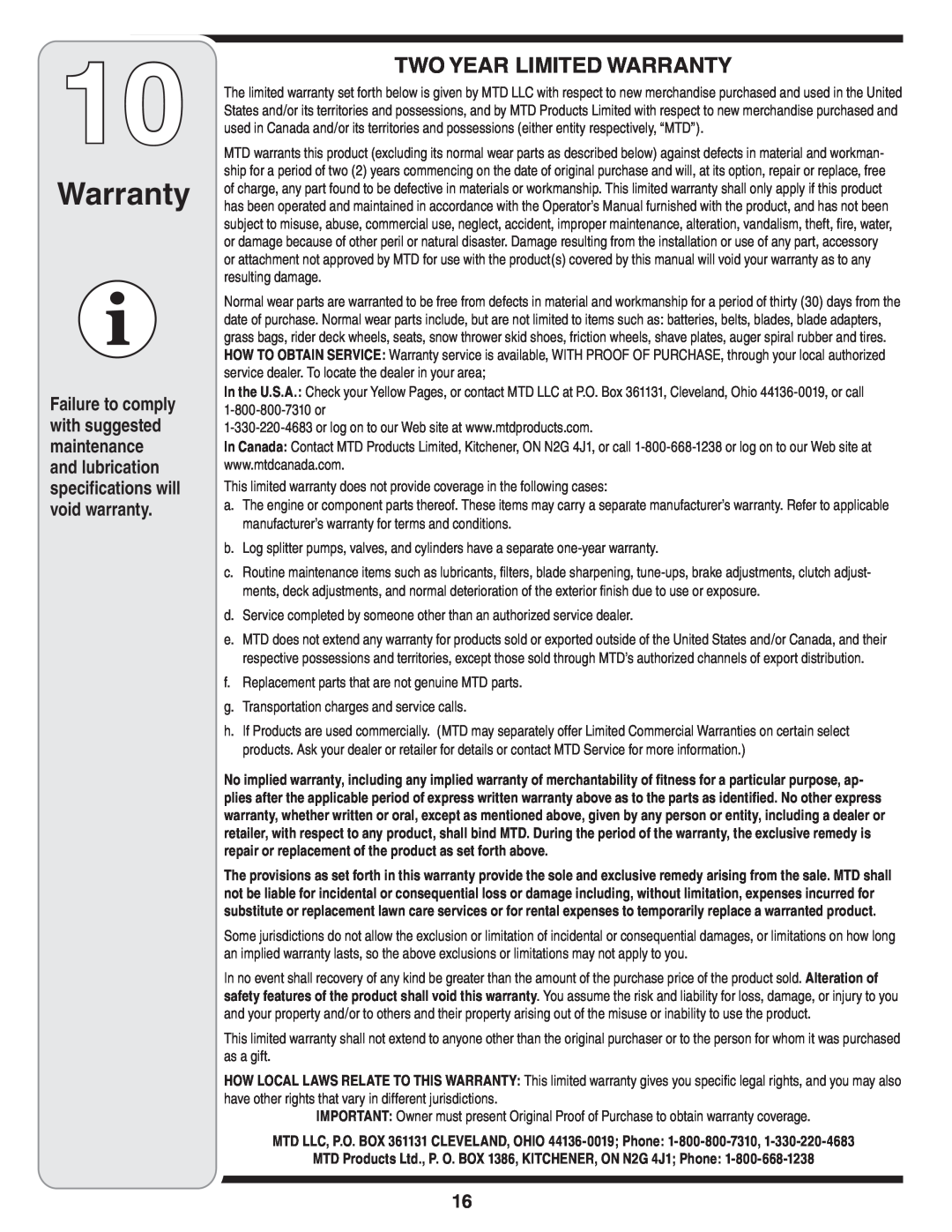 Bolens 241 warranty Two Year Limited Warranty 