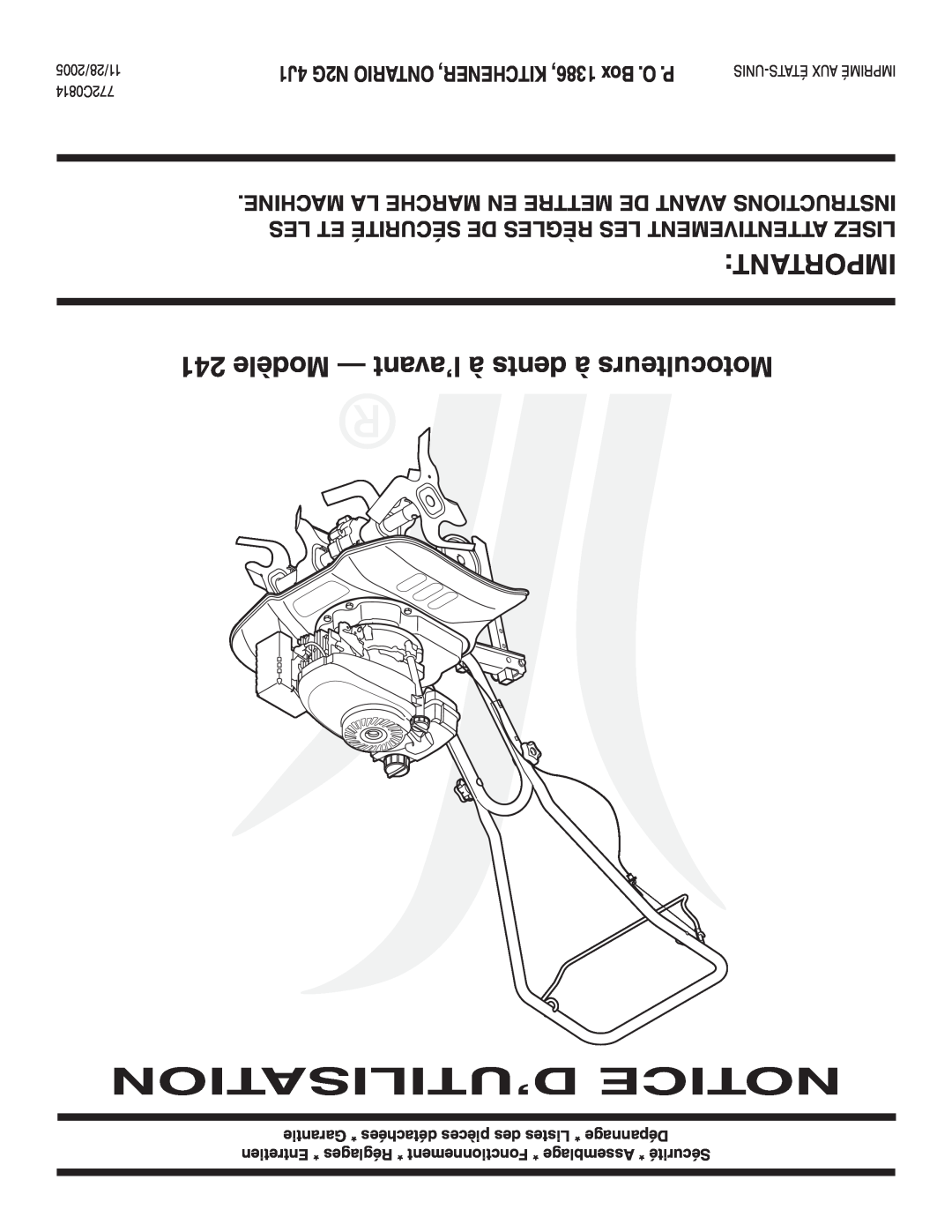 Bolens D’Utilisation Notice, 241 Modèle - l’avant à dents à Motoculteurs, 4J1 N2G ONTARIO KITCHENER, 1386, Box .O .P 