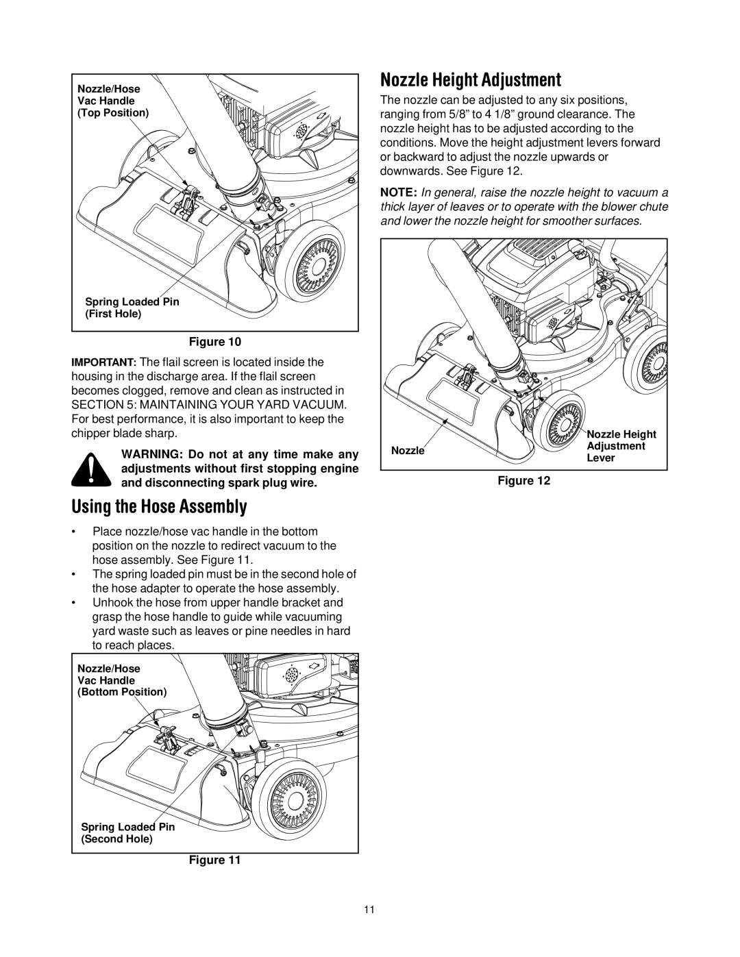 Bolens 247-770550 manual Using the Hose Assembly, Nozzle Height Adjustment 