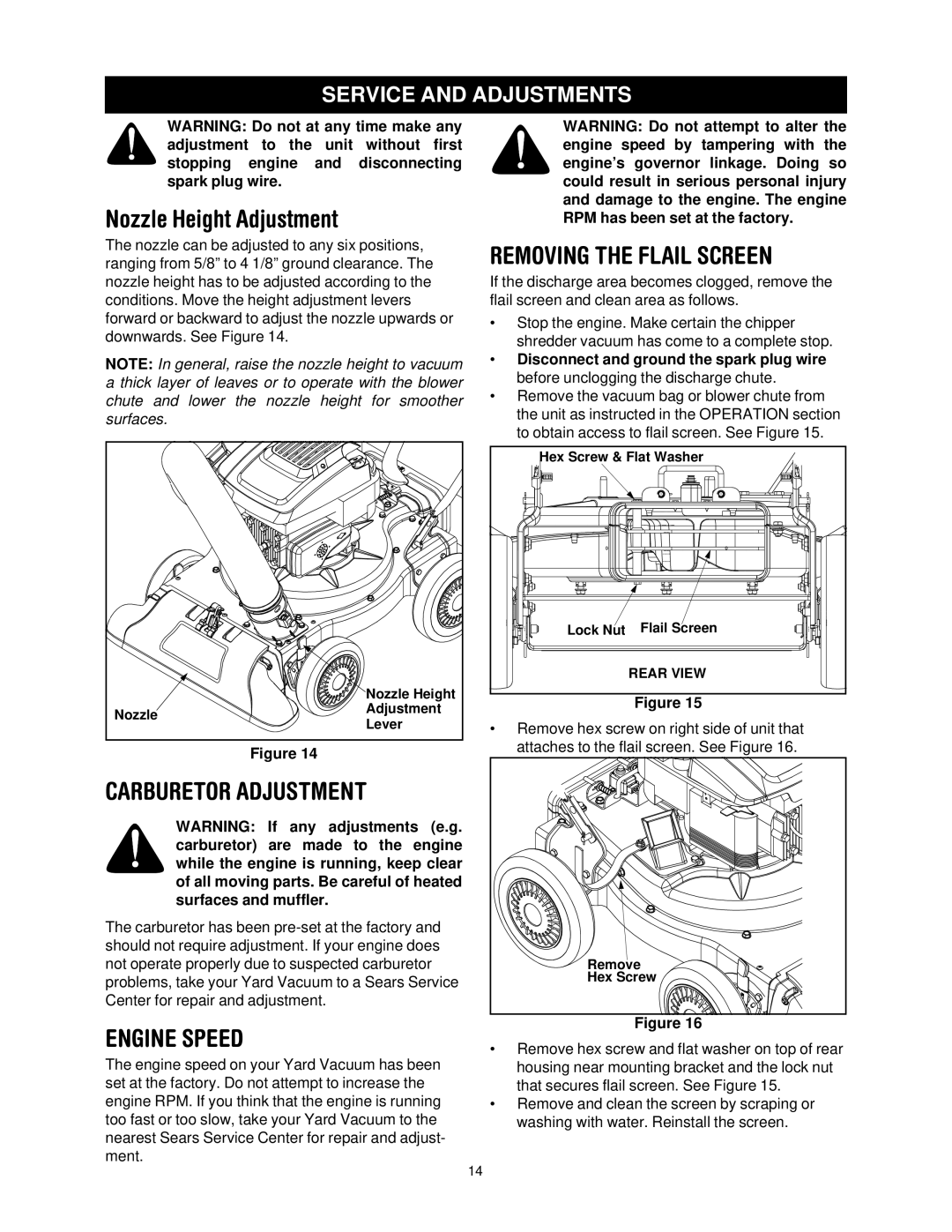 Bolens 247-770550 manual Carburetor Adjustment, Engine Speed, Removing the Flail Screen, Service and Adjustments 