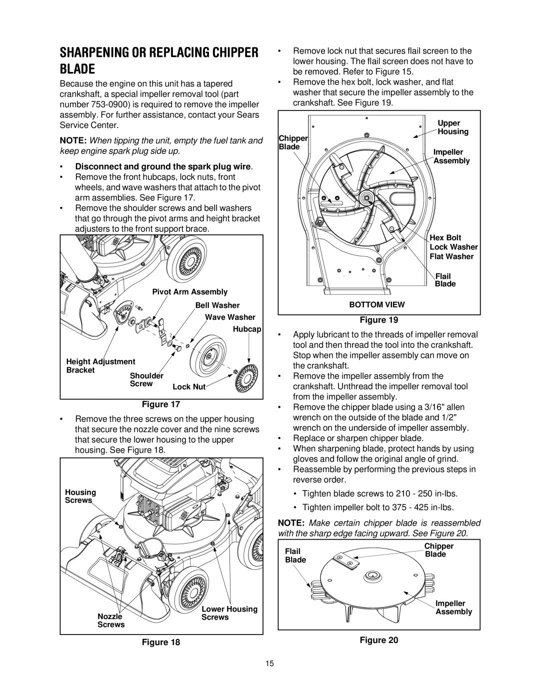 Bolens 247-770550 manual Sharpening or Replacing Chipper Blade, Disconnect and ground the spark plug wire 