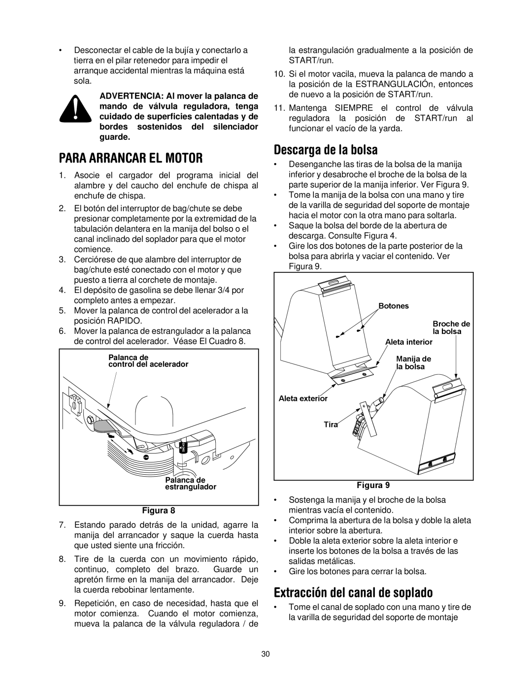 Bolens 247-770550 manual Para Arrancar EL Motor, Descarga de la bolsa, Extracción del canal de soplado 