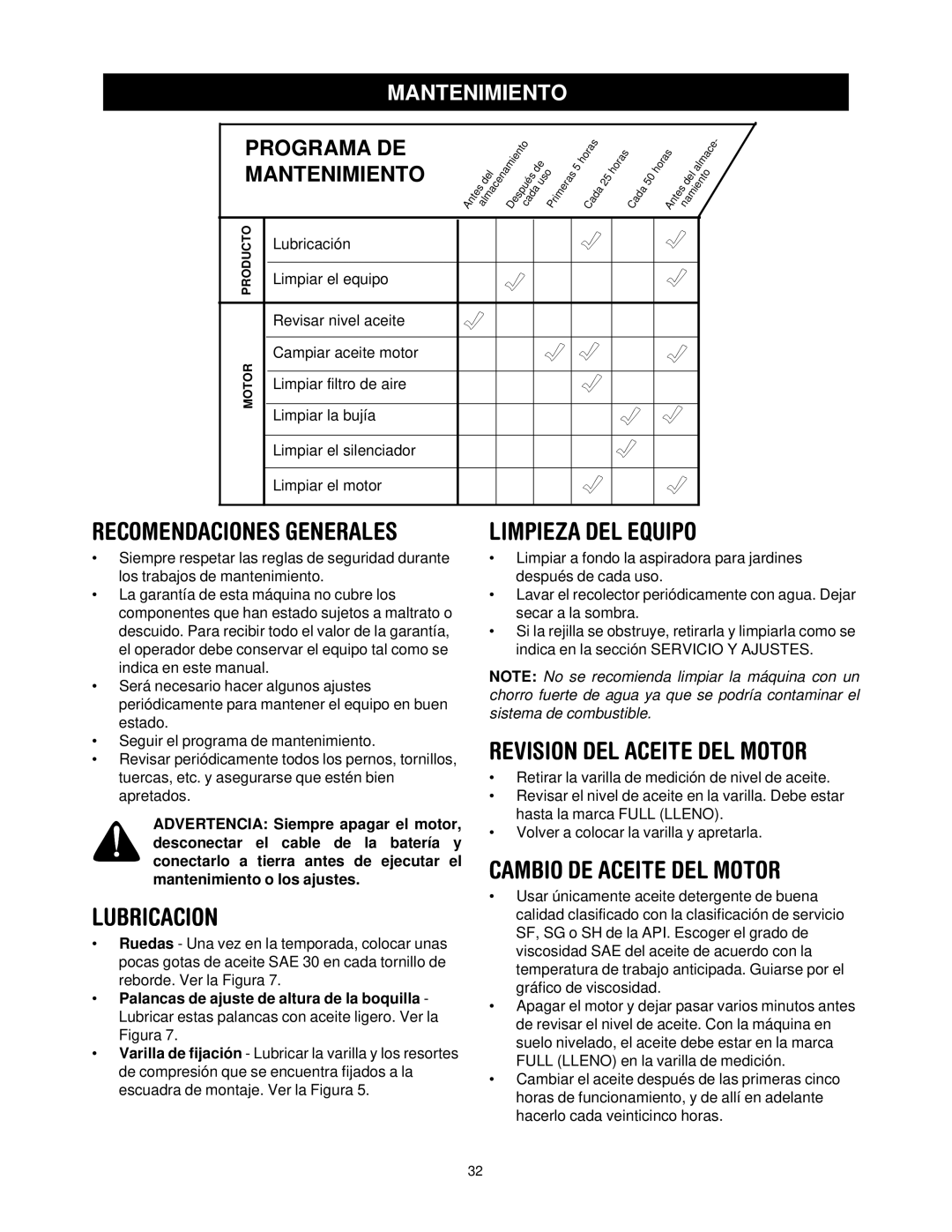 Bolens 247-770550 manual Lubricacion, Limpieza DEL Equipo, Revision DEL Aceite DEL Motor, Cambio DE Aceite DEL Motor 