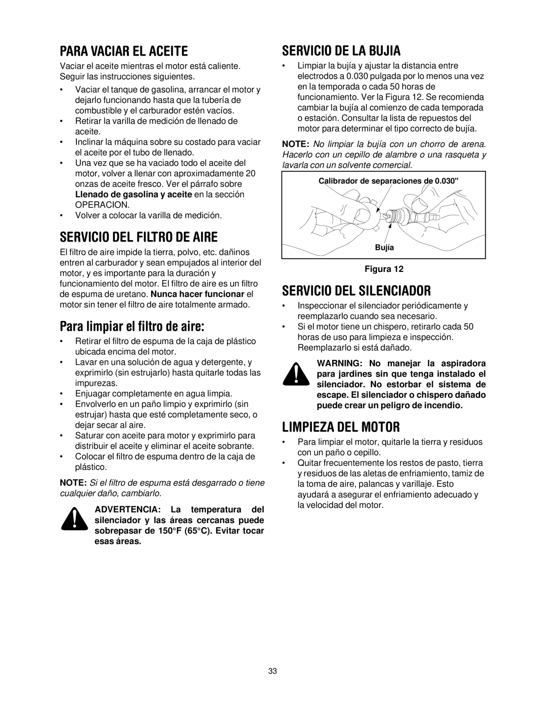 Bolens 247-770550 manual Para Vaciar EL Aceite, Servicio DEL Filtro DE Aire, Servicio DE LA Bujia, Servicio DEL Silenciador 