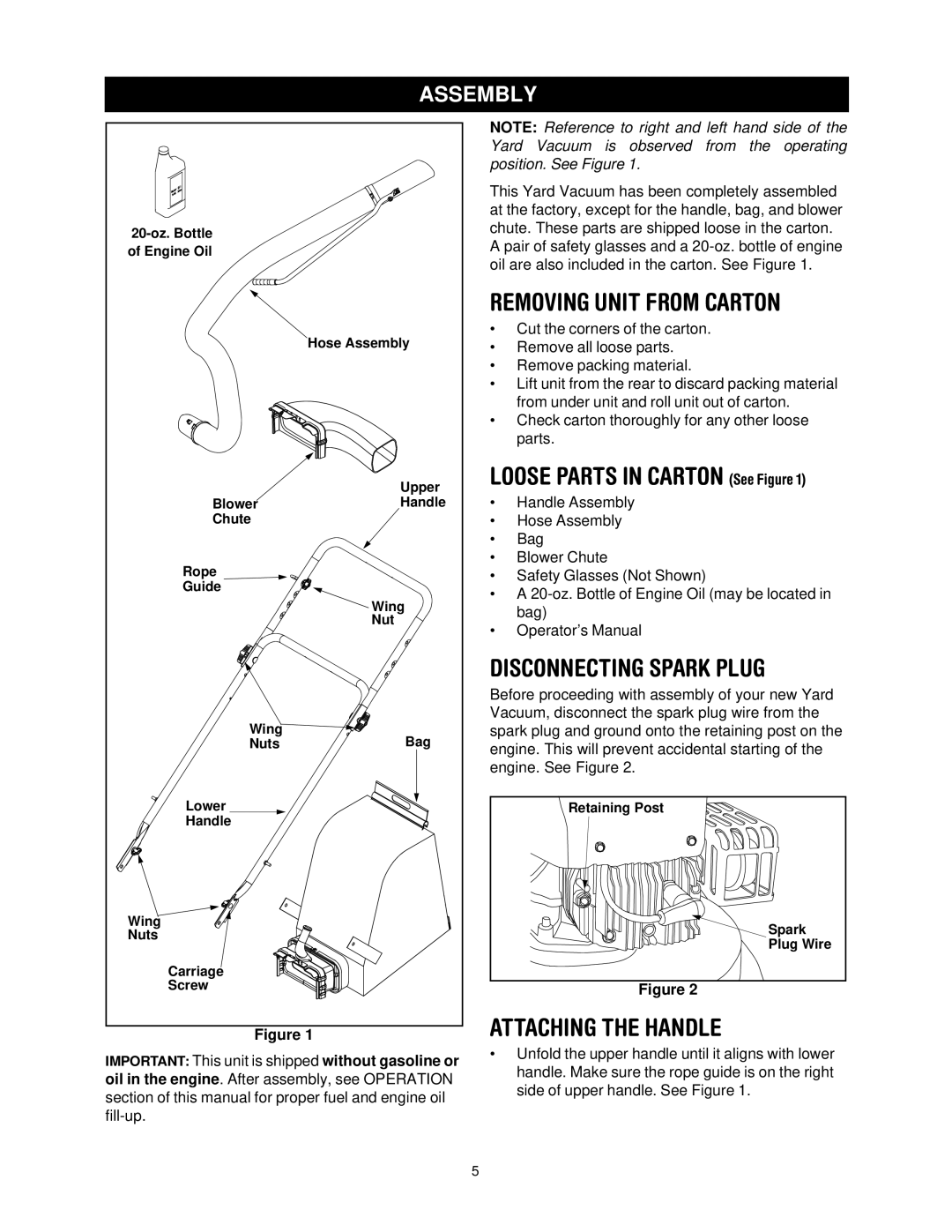 Bolens 247-770550 manual Removing Unit from Carton, Loose Parts in Carton See Figure, Disconnecting Spark Plug, Assembly 