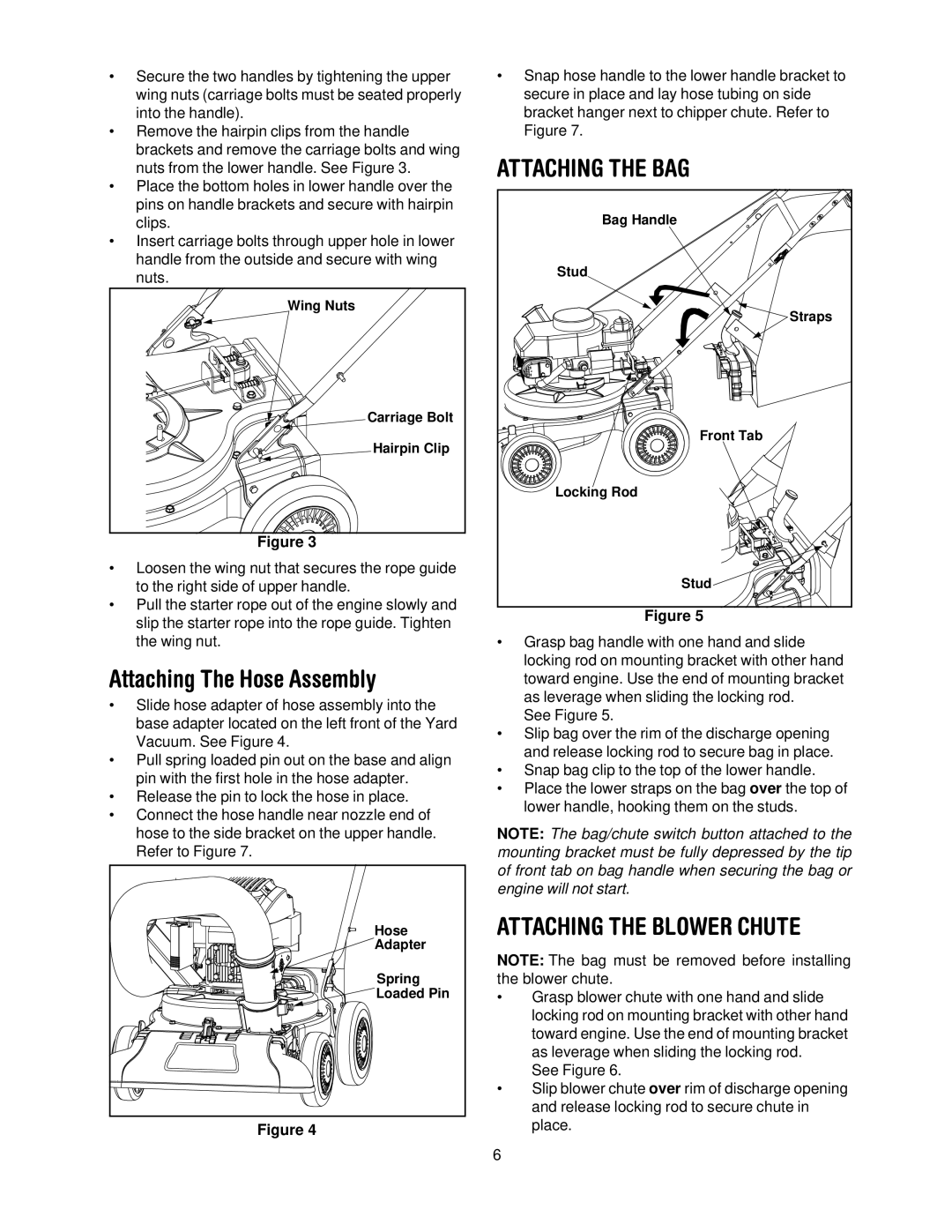 Bolens 247-770550 manual Attaching The Hose Assembly, Attaching the BAG, Attaching the Blower Chute 