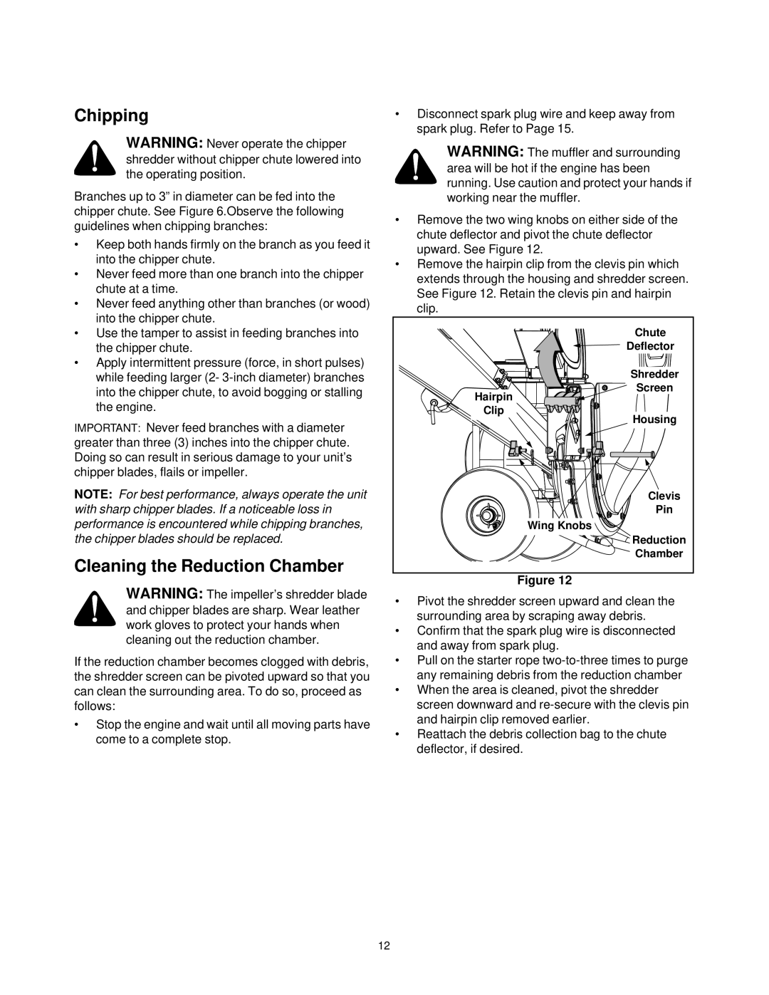 Bolens 247.77635 manual Chipping, Cleaning the Reduction Chamber 