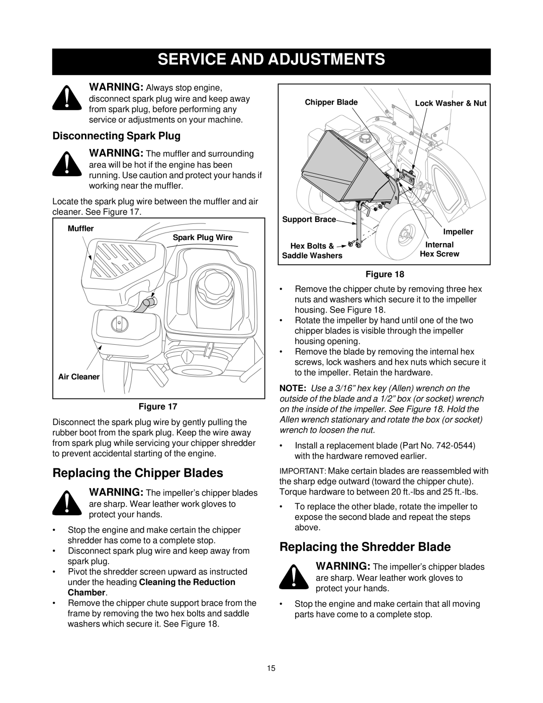 Bolens 247.77635 manual Service and Adjustments, Replacing the Chipper Blades, Replacing the Shredder Blade 