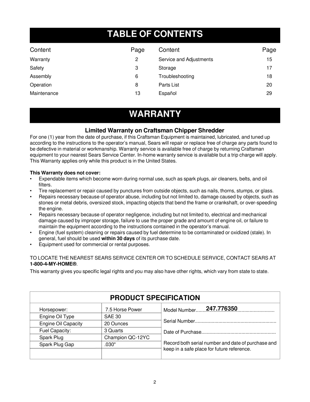 Bolens 247.77635 manual Table of Contents, Warranty 