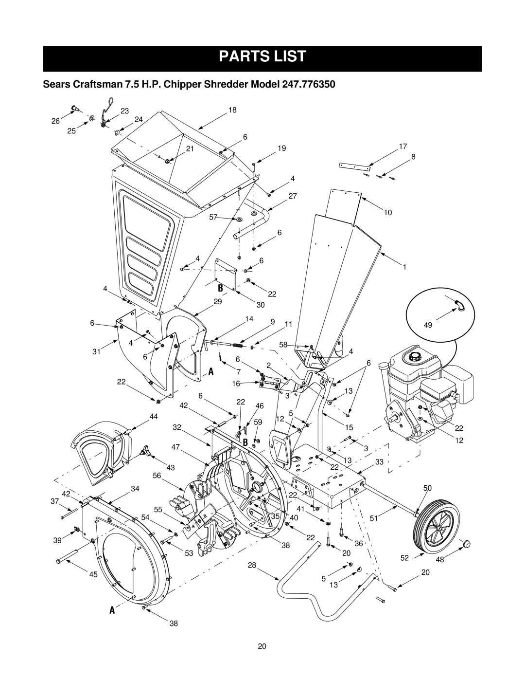Bolens 247.77635 manual Parts List, Sears Craftsman 7.5 H.P. Chipper Shredder Model 