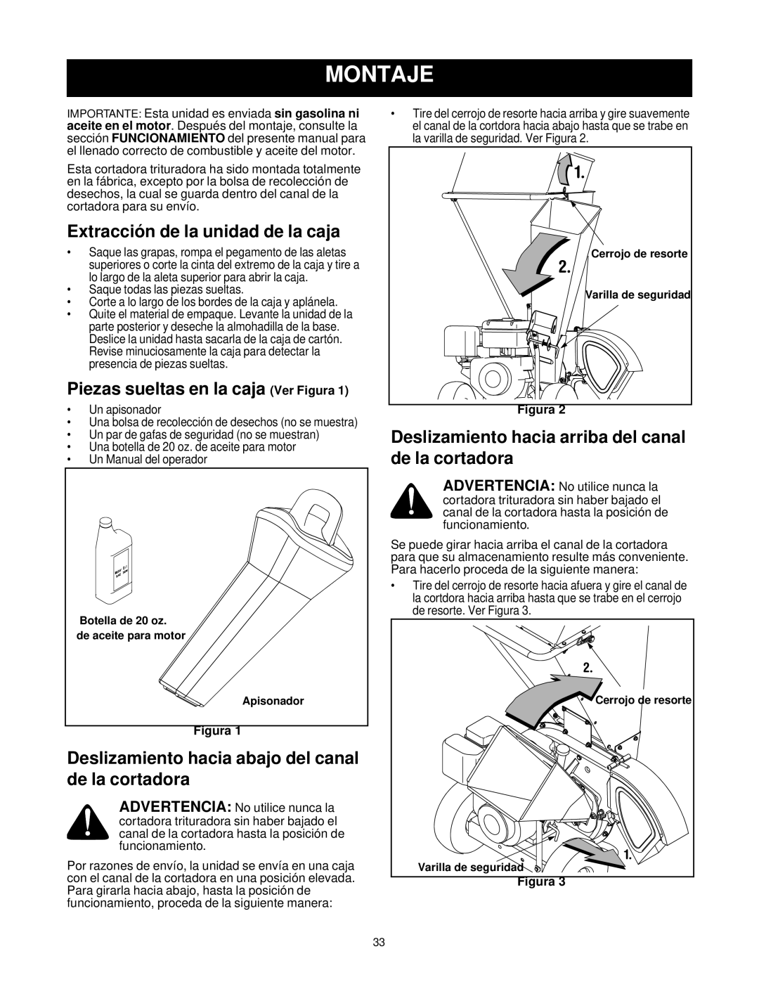 Bolens 247.77635 manual Montaje, Extracción de la unidad de la caja, Piezas sueltas en la caja Ver Figura 