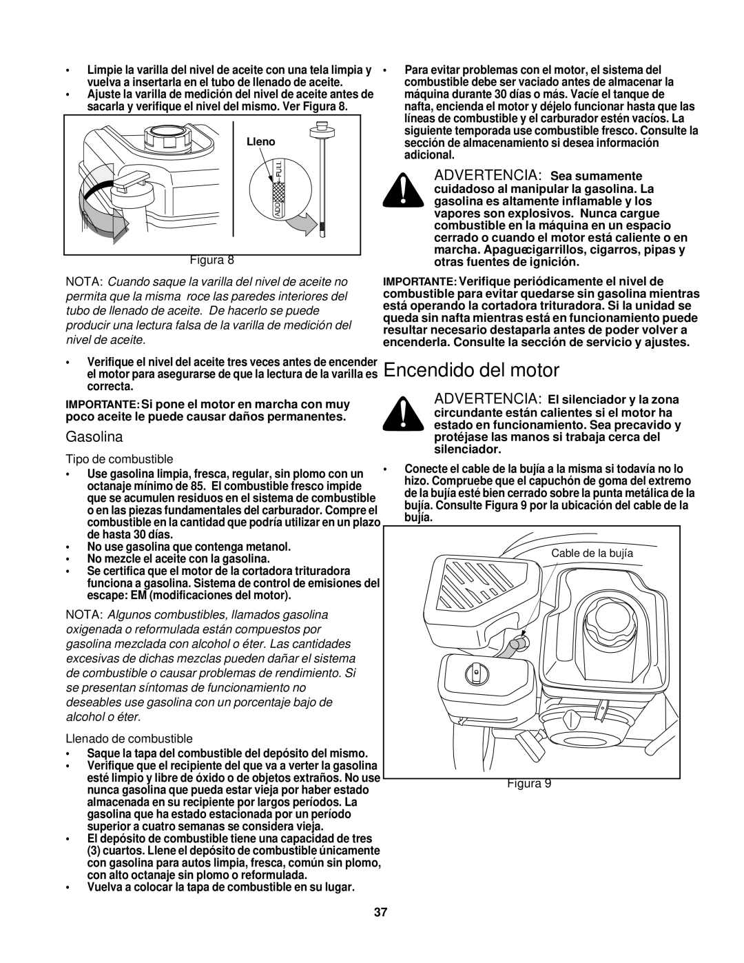 Bolens 247.77635 Encendido del motor, Gasolina, Advertencia Sea sumamente, Tipo de combustible, Llenado de combustible 