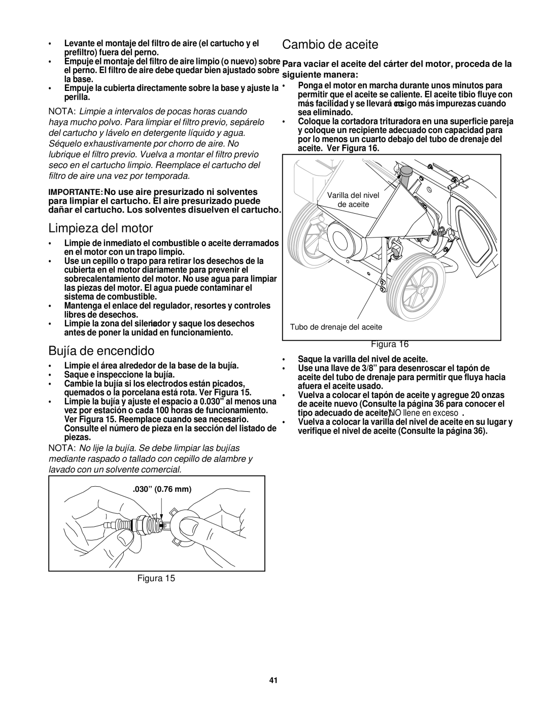 Bolens 247.77635 manual Limpieza del motor, Bujía de encendido, Cambio de aceite 