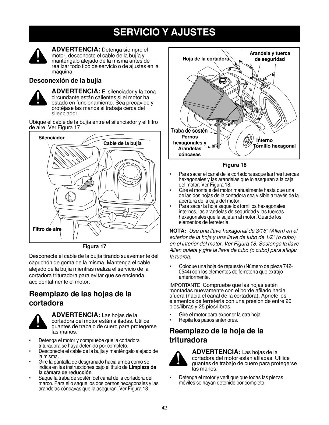 Bolens 247.77635 manual Servicio Y Ajustes, Reemplazo de las hojas de la cortadora, Reemplazo de la hoja de la trituradora 