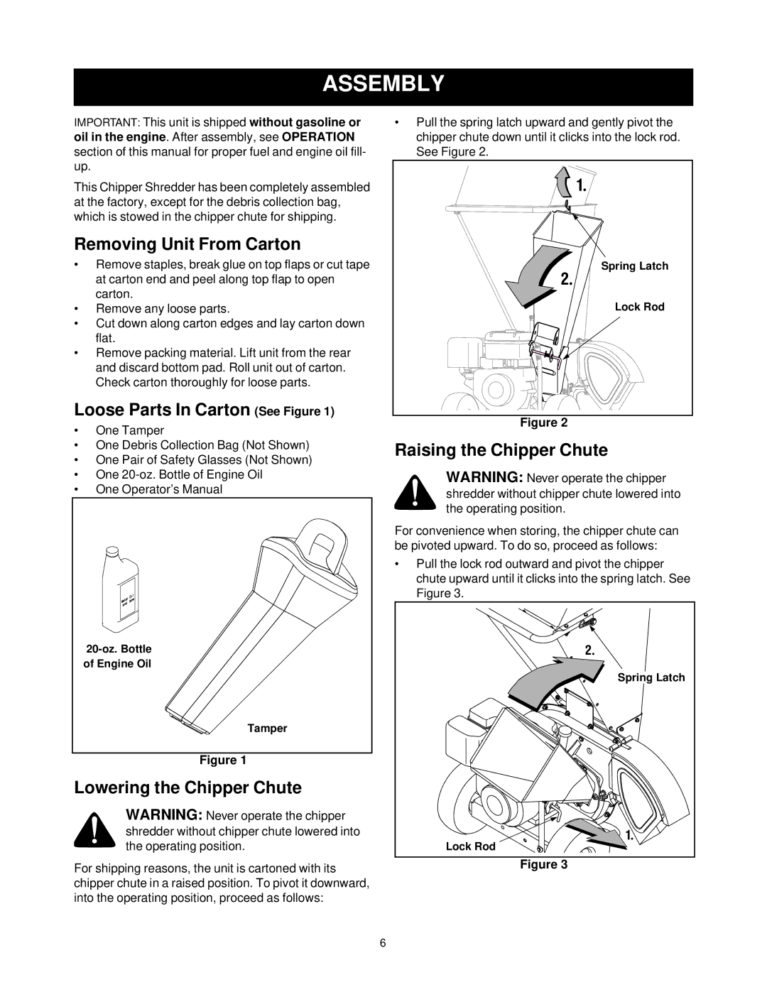 Bolens 247.77635 manual Assembly, Removing Unit From Carton, Loose Parts In Carton See Figure, Lowering the Chipper Chute 