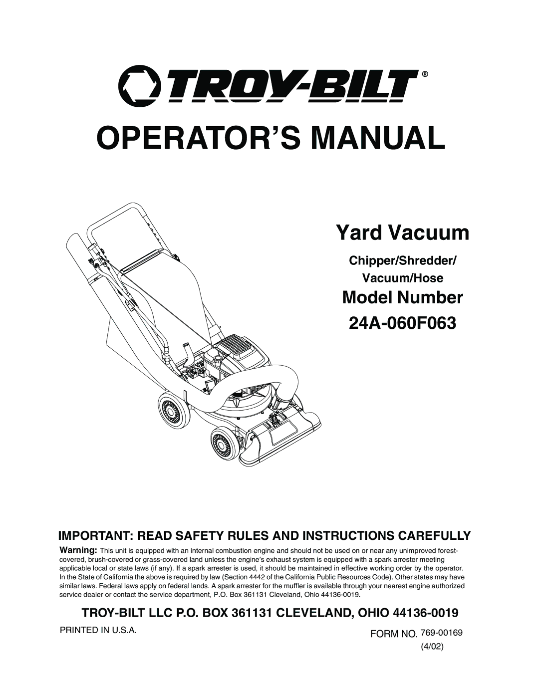 Bolens 24A-060F063 manual OPERATOR’S Manual 